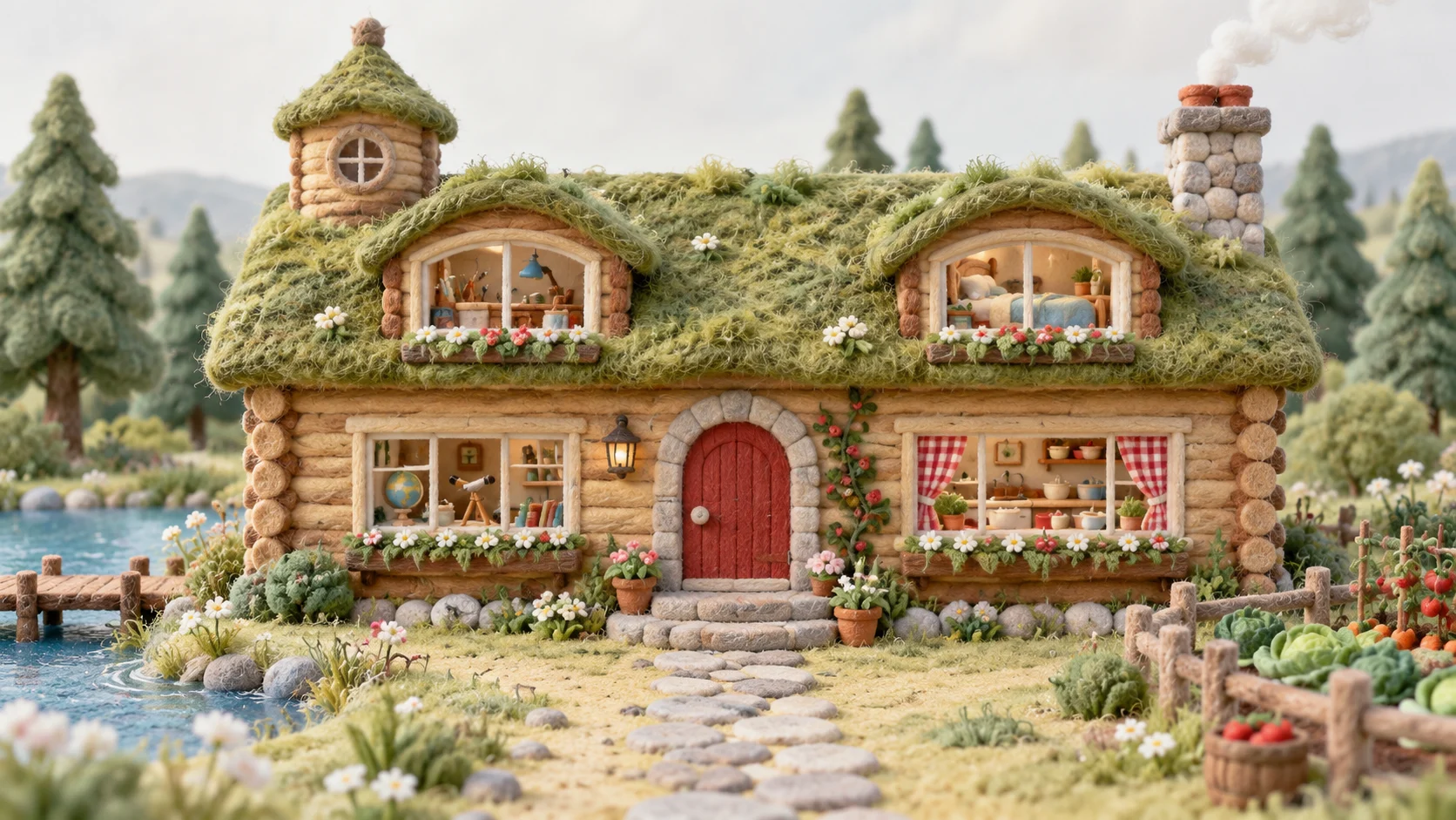 The handmade wool house with its little red door, moss roof and garden