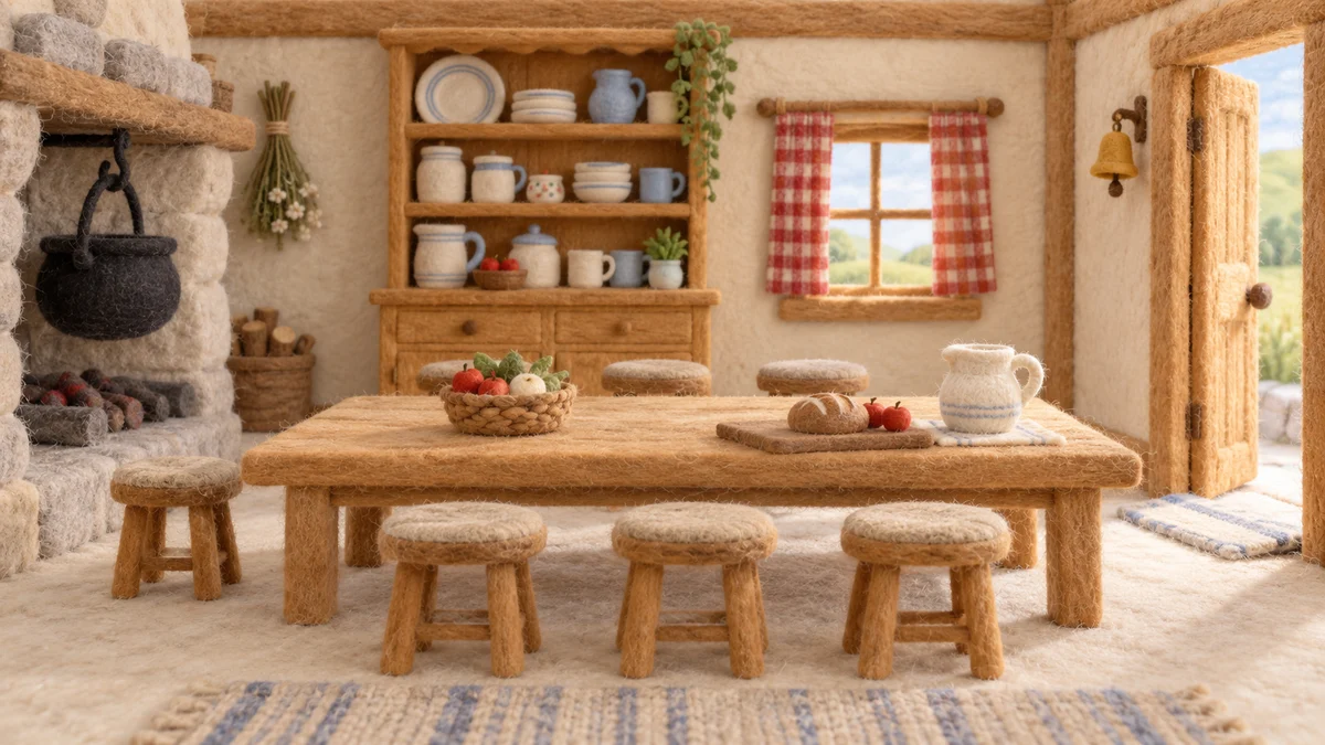 Ginger's wool kitchen with a stove and a round family table