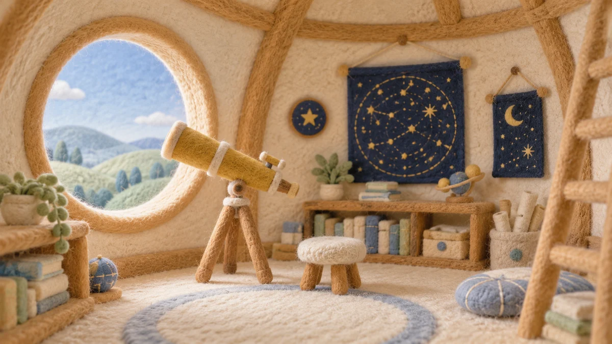 Oreo's star tower with a telescope looking into the night