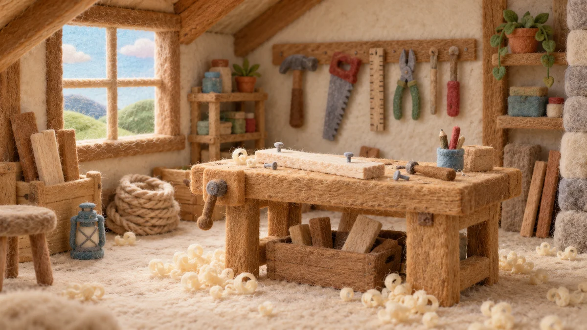 Mocha's cozy wool workshop with a workbench and little tools