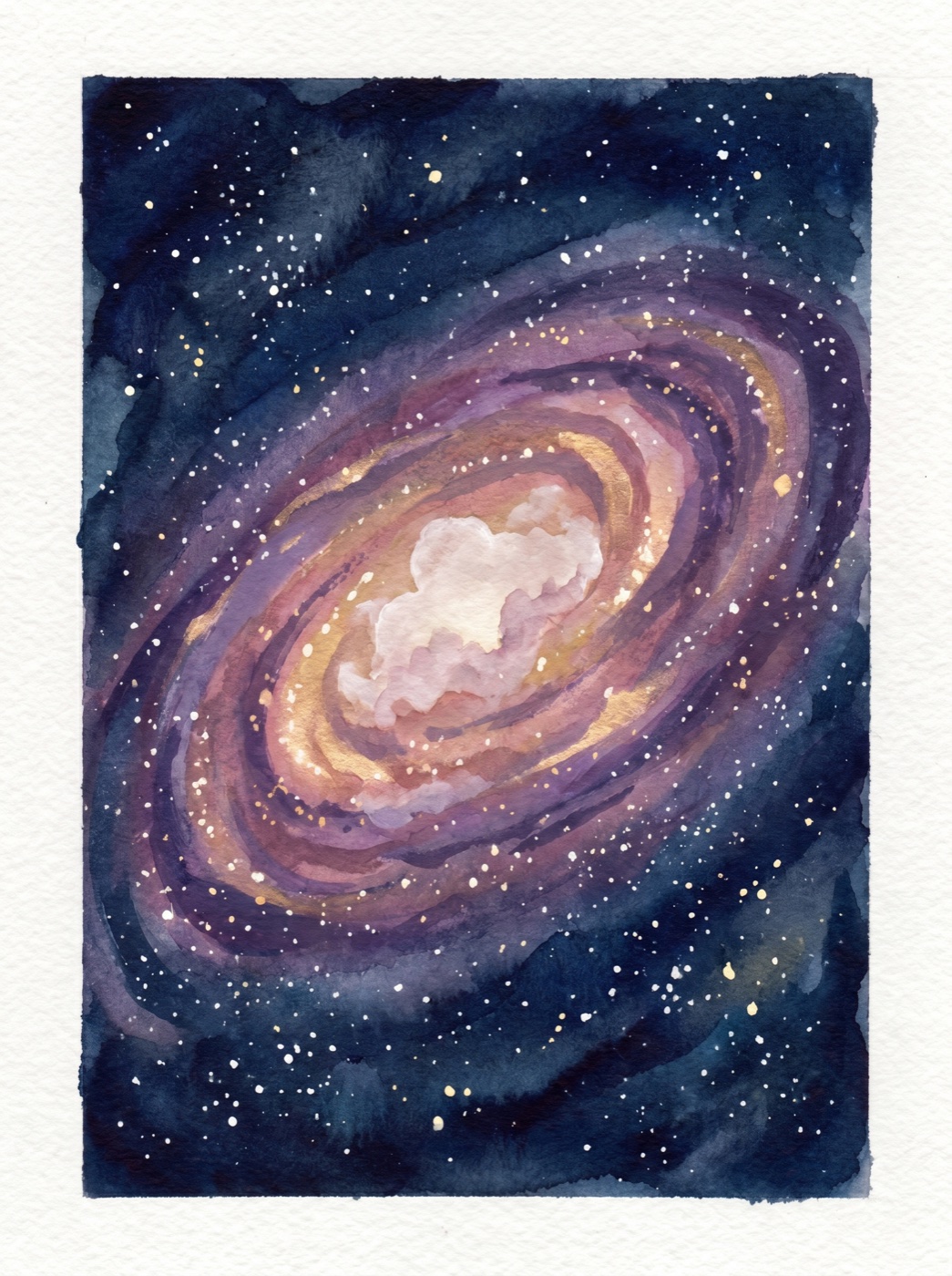 A hand-painted watercolor spiral galaxy