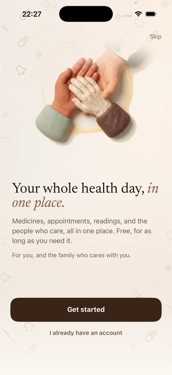 The MedMate welcome screen: three generations of hands resting together over the line, your whole health day in one place
