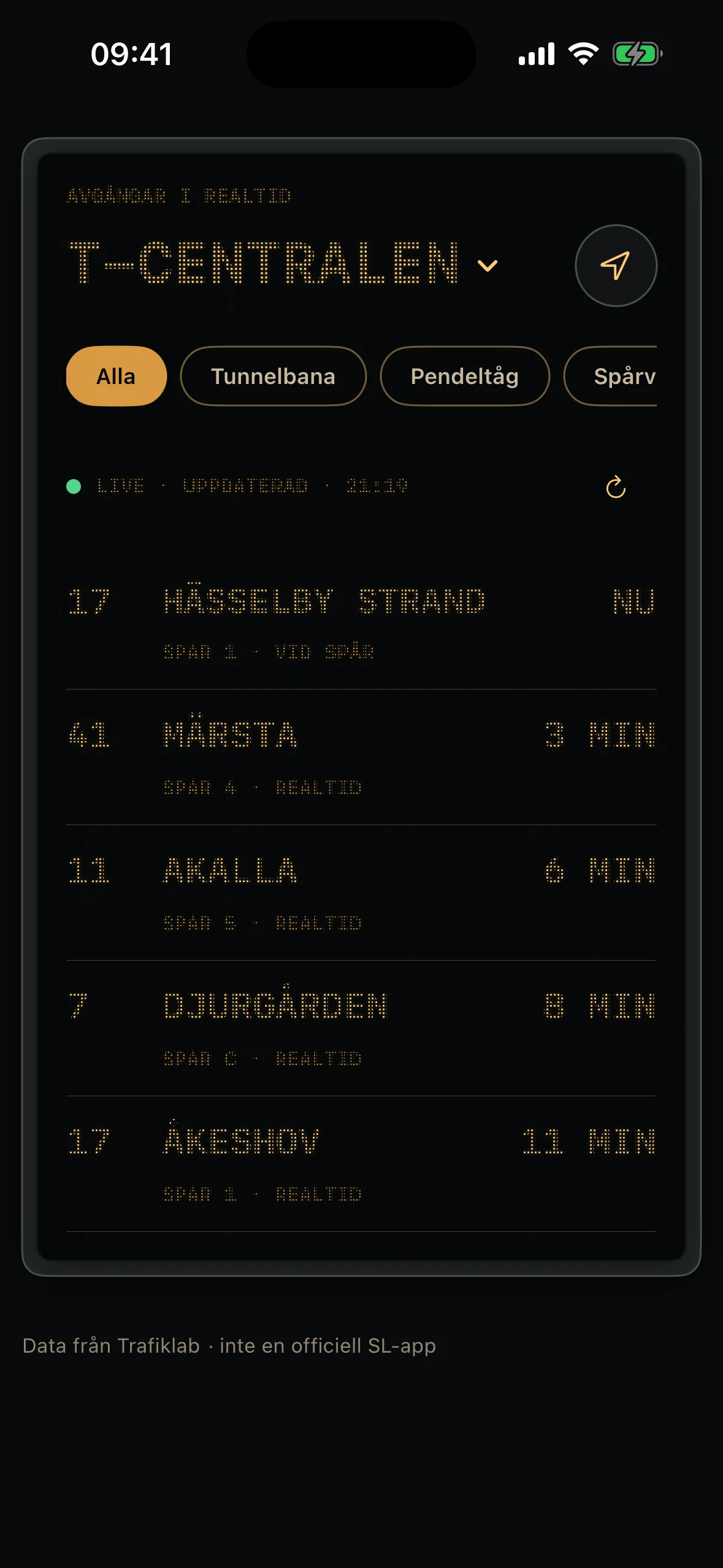 SL Live Widget på iPhone med en svart och gul avgångstavla för T-Centralen