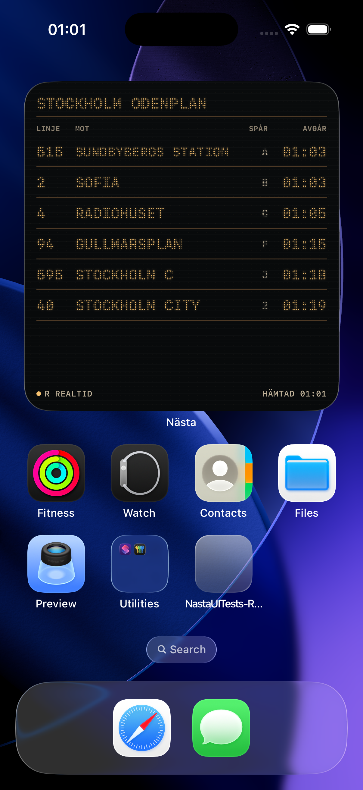 Stor SL Live-widget med sex avgångsrader