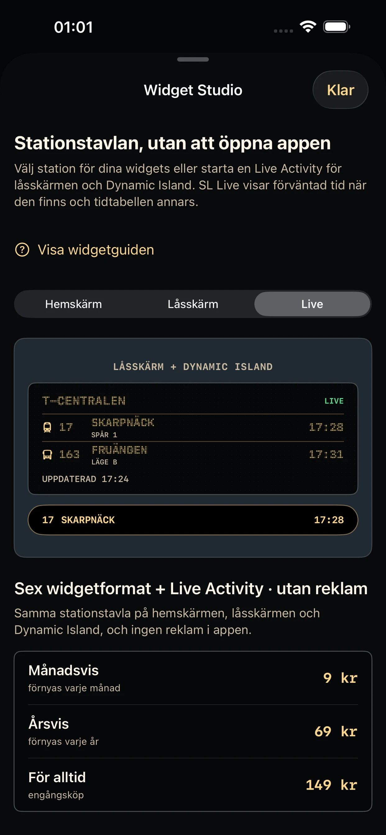 SL Live Activity för T-Centralen på låsskärmen och Dynamic Island