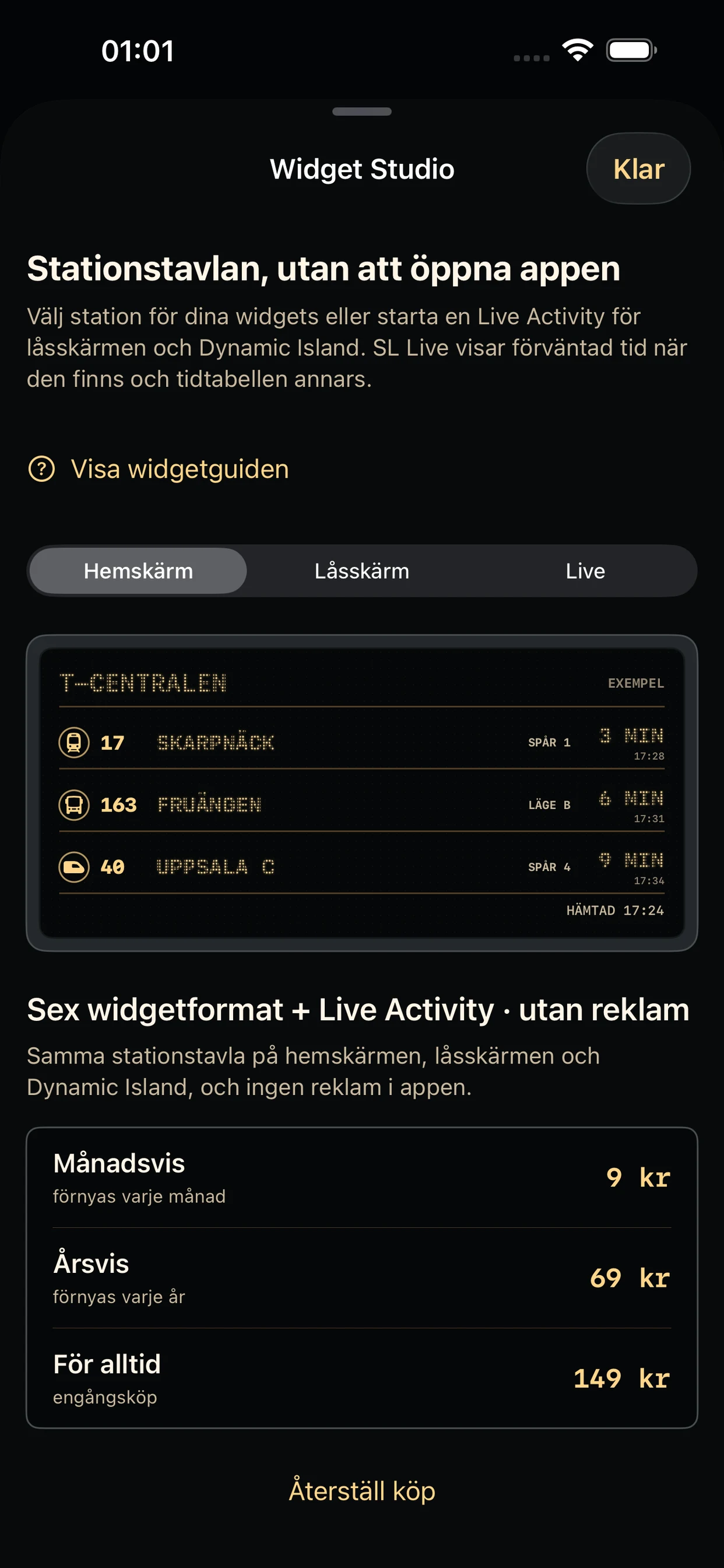 Widget Studio med en ljusstark SL Live-widget där minuter kvar, trafikslagsikon och hållplatsläge syns tydligt