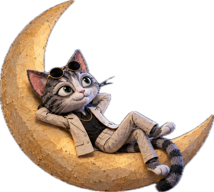 Sir Bao lying back on a golden paper crescent moon