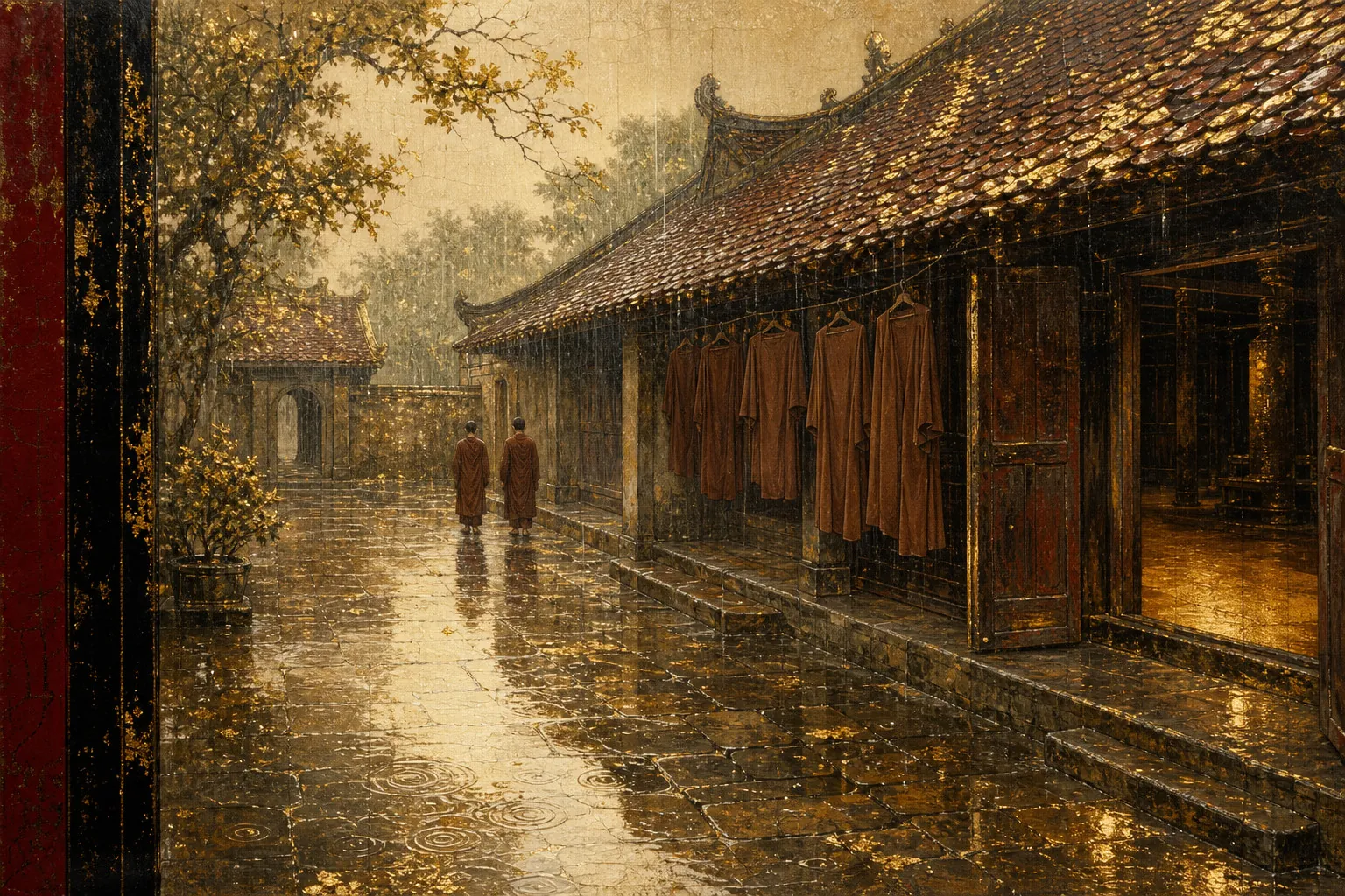 Tranh sơn mài: sân chùa trong mưa, hai bóng áo nâu đi dọc hành lang, áo tràng phơi dưới mái, đèn vàng hắt ra từ chánh điện