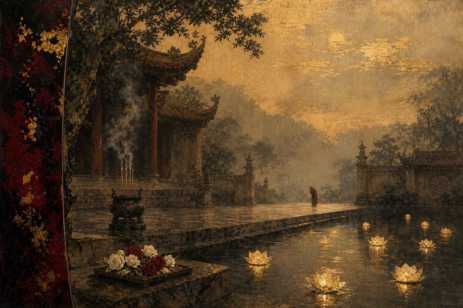 Tranh sơn mài: sân chùa đêm Vu Lan, đèn hoa sen thả sáng trên mặt nước, khói hương bay trước chánh điện